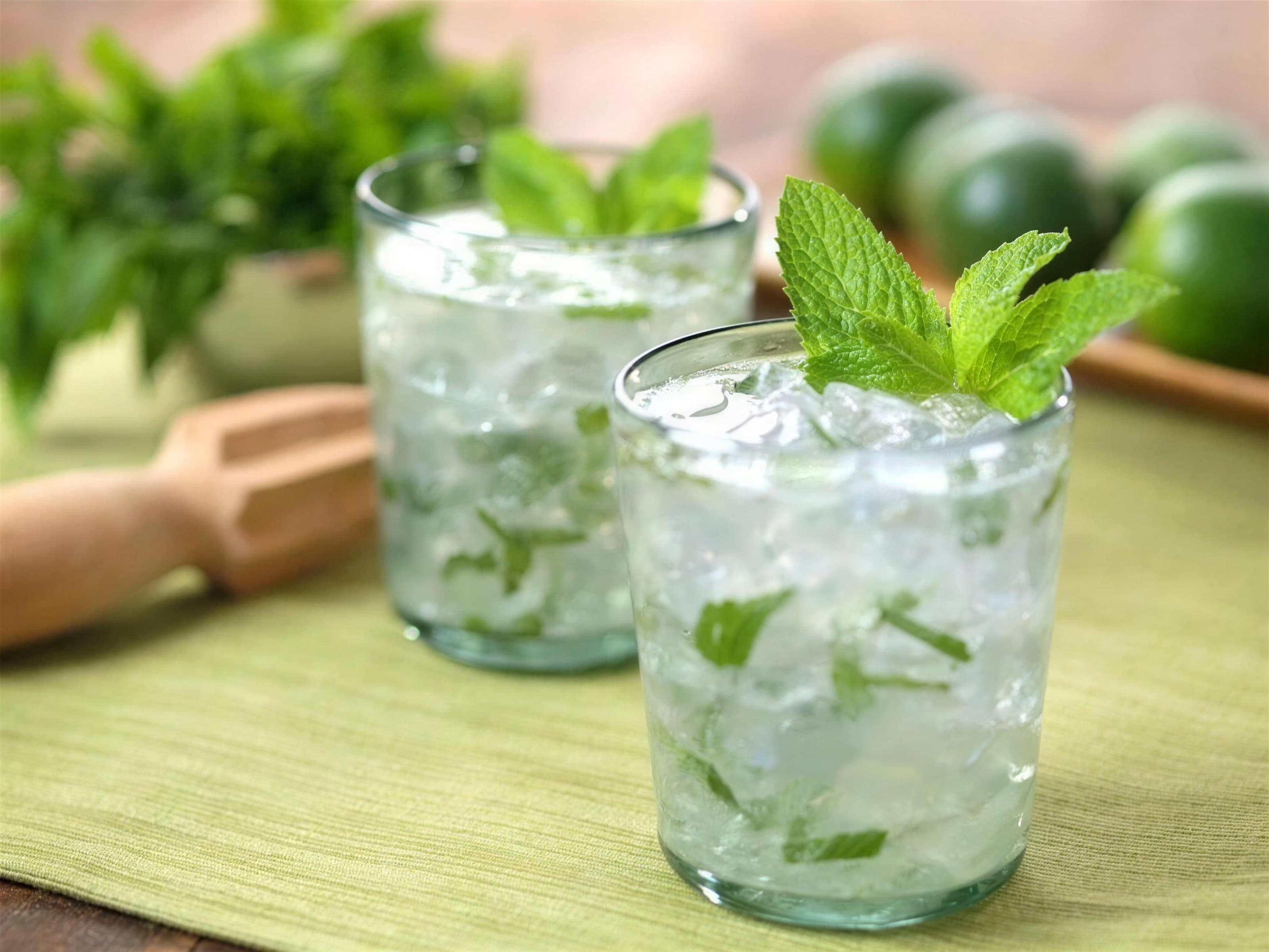 Two mojito cocktails with crushed ice and mint sprigs on a lime-green woven placemat, limes and a wooden muddler/juicer behind; bright, airy, green-and-white palette. Low resolution original (749px).