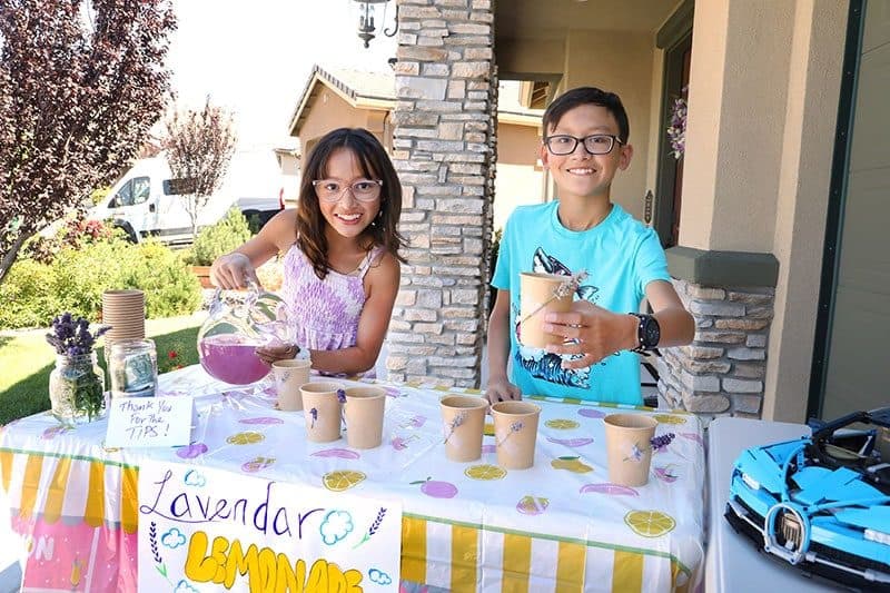 Siblings pouring purple lavender lemonade at a driveway stand, sunny suburban street