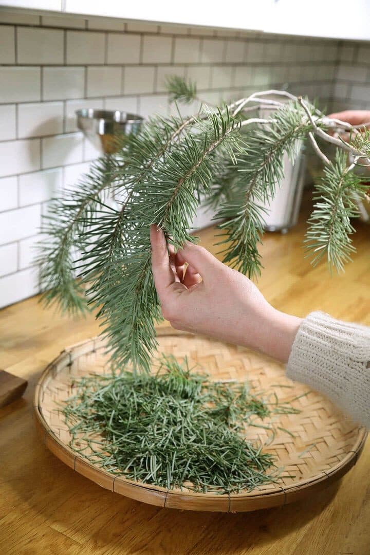 Hand stripping Douglas fir needles onto a woven tray, subway-tile kitchen