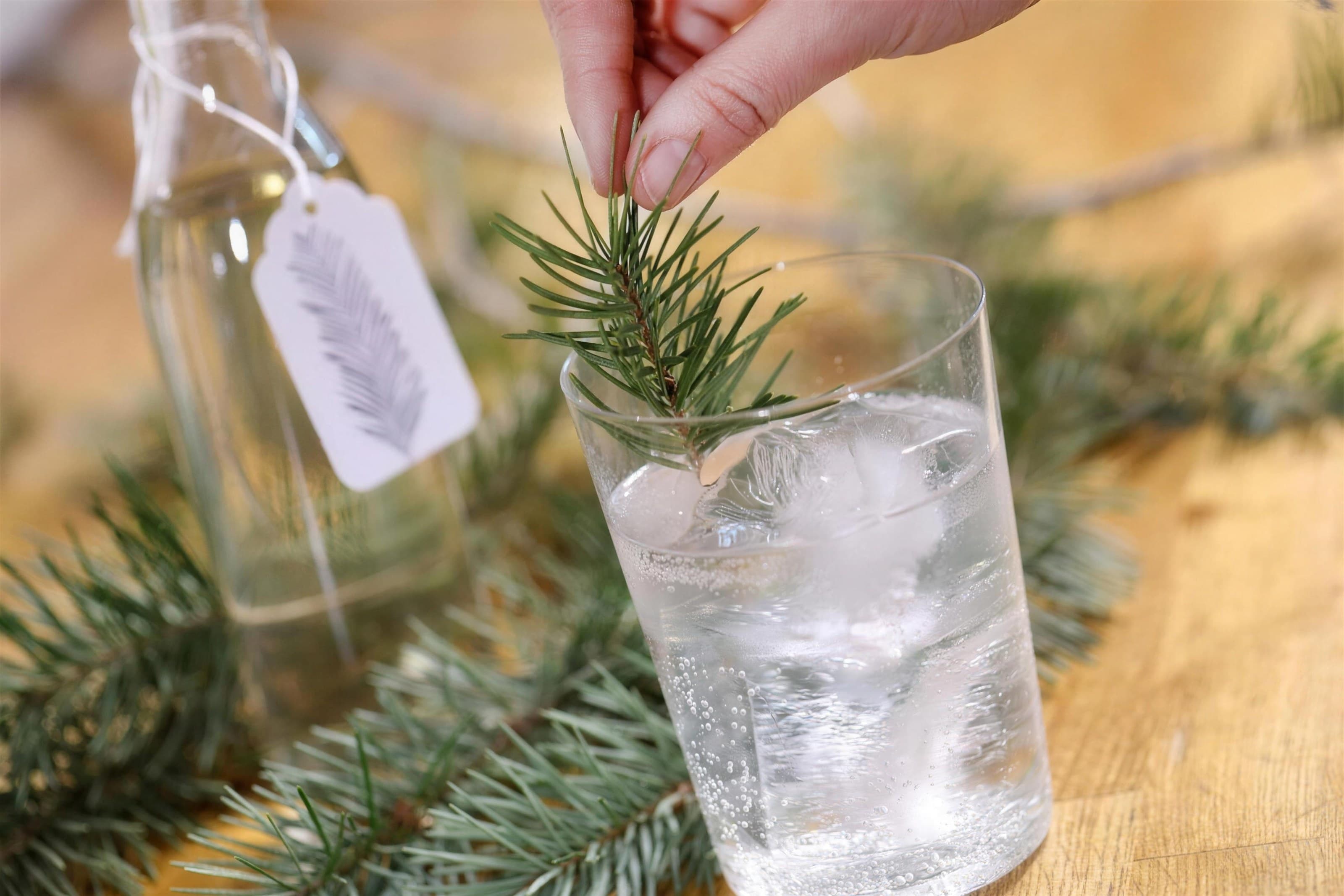 Hand garnishing a glass of iced sparkling water with a fir sprig beside a tagged bottle