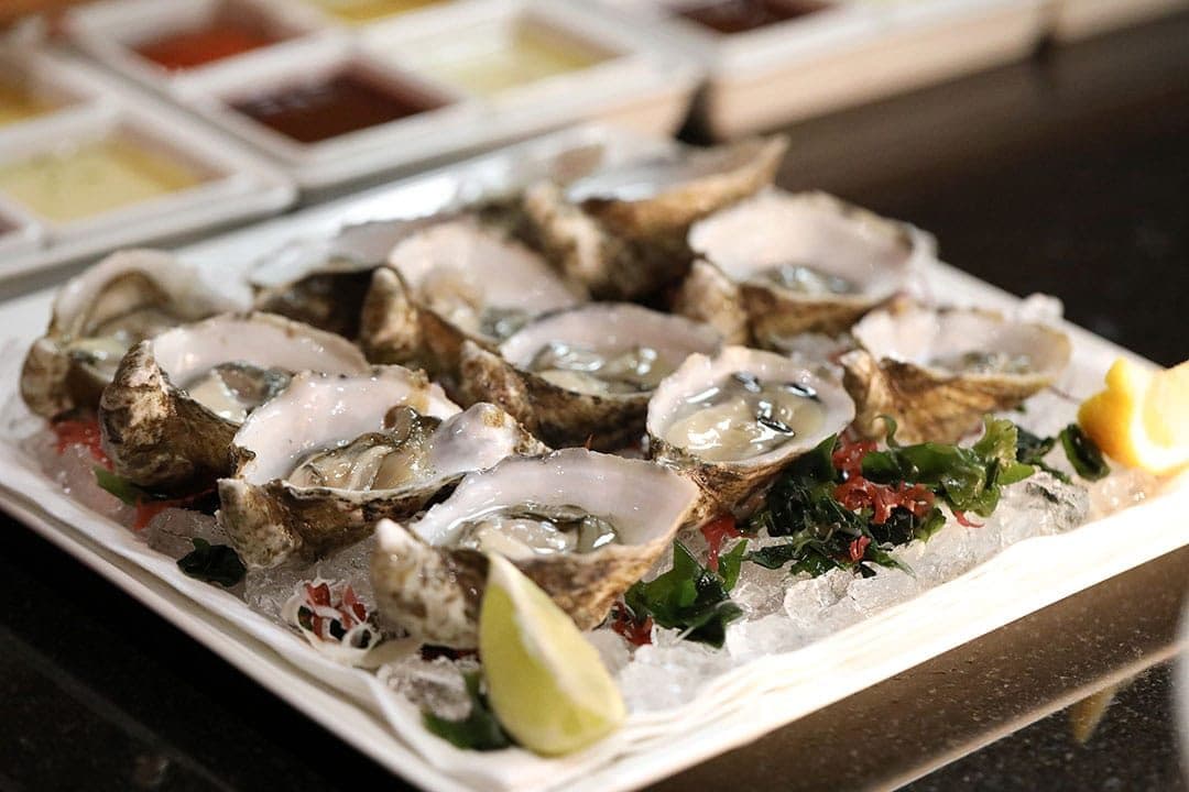 Fresh oysters on ice with lemon on a white tray, sauces behind