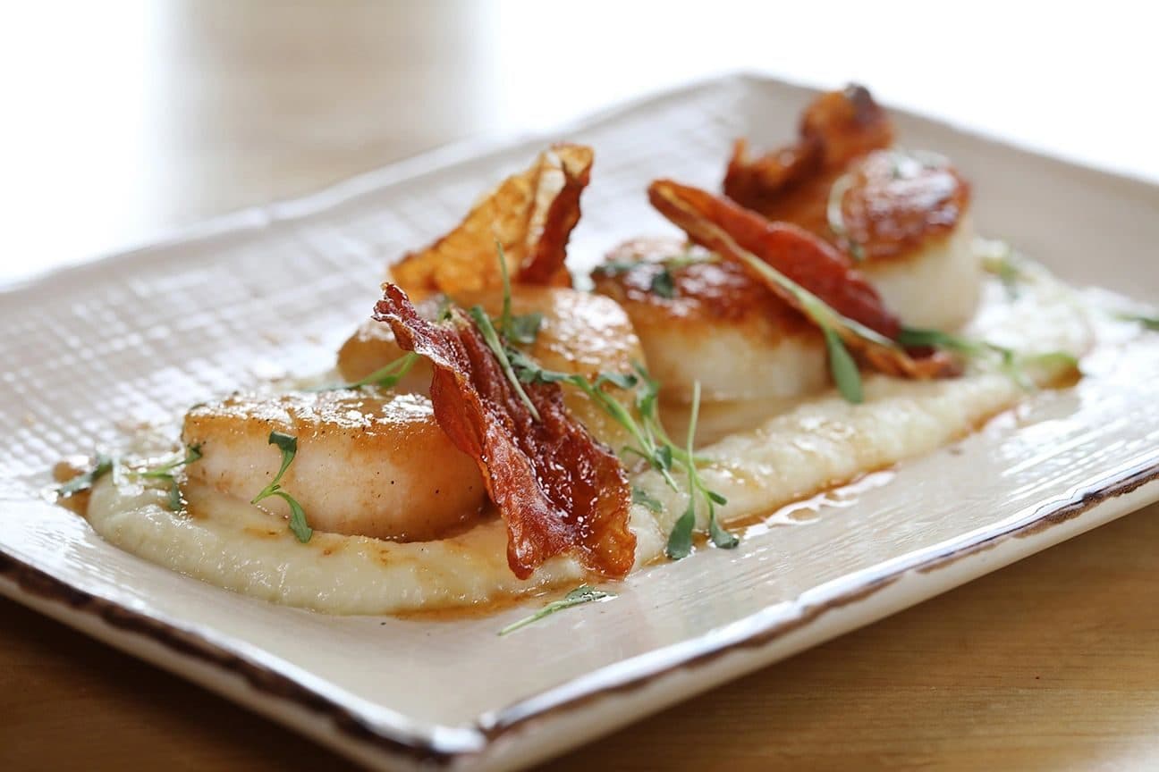 Fine-dining plate: seared scallops with crisp bacon/prosciutto shards and microgreens on a swoosh of cauliflower purée, on a textured off-white rectangular plate; soft window backlight, cream/warm-grey background, shallow focus.