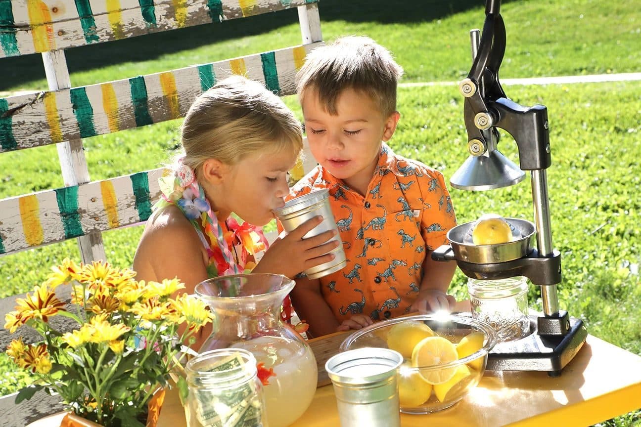 Lifestyle portrait: two young children (girl and boy) sharing a drink at a lemonade stand with a chrome citrus press, lemons, glass pitcher and yellow daisies; bright midday sun, green lawn, striped bench behind.